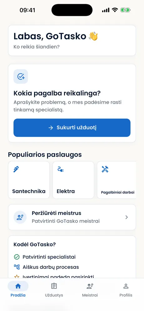 GoTasko programėlė — pagrindinis ekranas