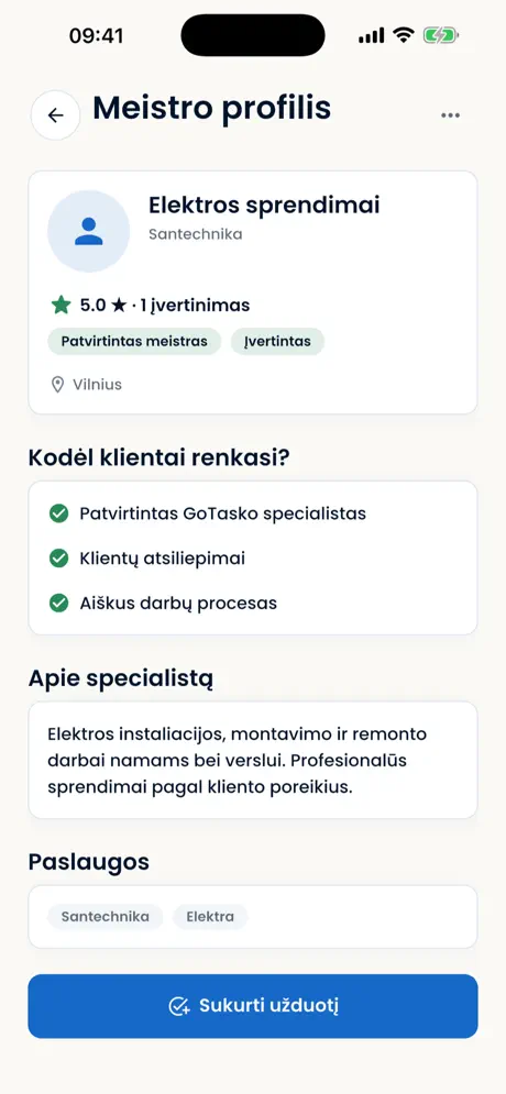 GoTasko programėlė — meistro profilis